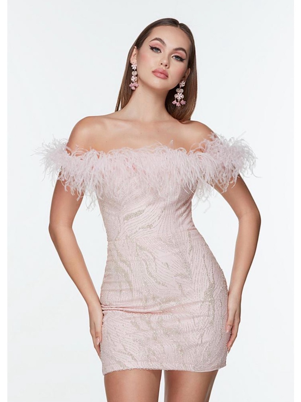 Alyce Paris Strapless Blush Pink Feather Trim Mini Dress